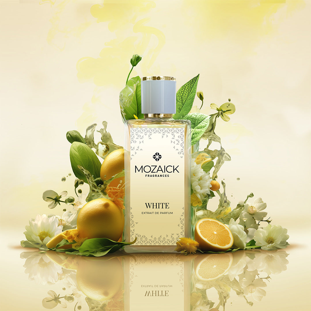 WHITE Extrait de Parfum 50 ml by MOZAICK – bottle with lemons, green leaves and white flowers on a pale yellow background